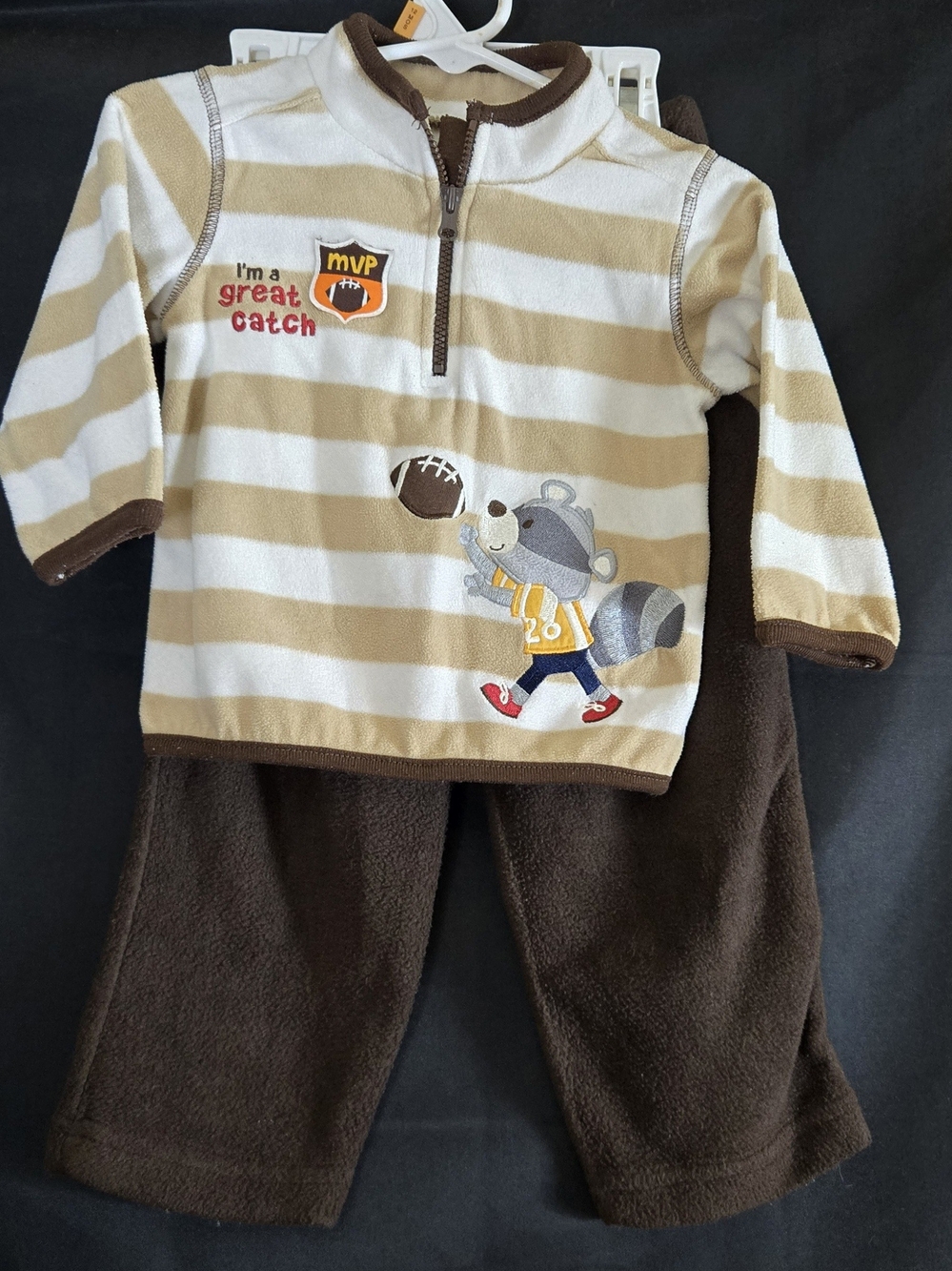 Carter's Tan & White Striped with Raccoon Football Applique #640